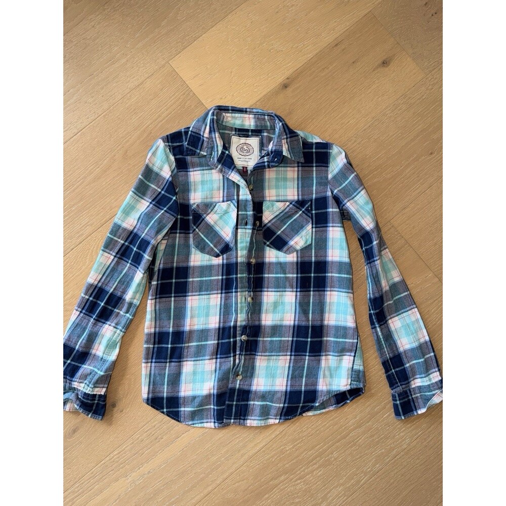 SO women's size XS shirt blue plaid collared button up long sleeves Flannel Top
